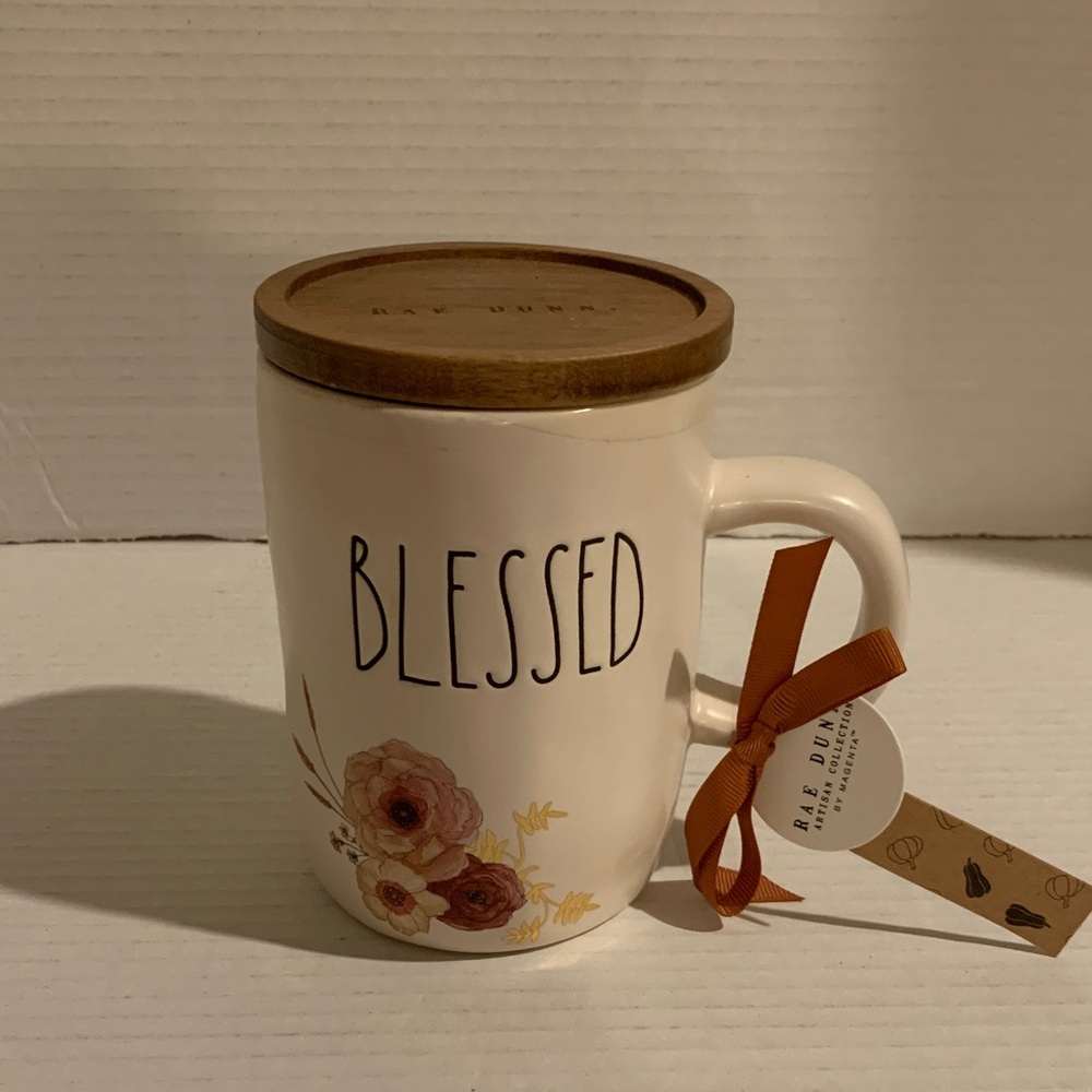 Rae Dunn Cream 'Blessed' Mug with Floral Design and Wooden Lid NEW